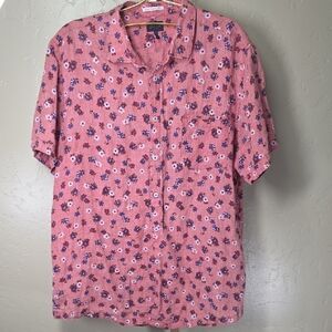 Good Man Brand 100% Linen Red Pink Floral Short-Sleeve Button-Down Shirt